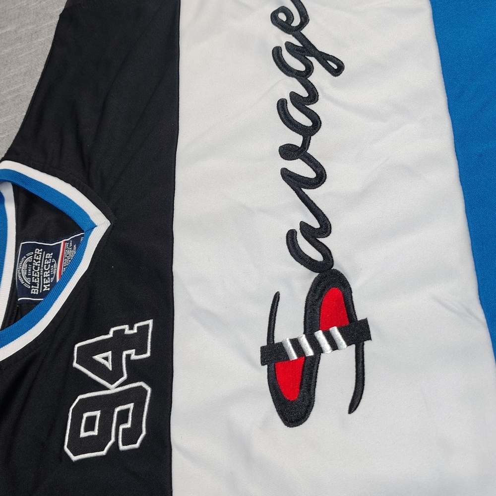 Bleecker Mercer Savage Jersey Shirt Size Large Blue White Black Spell Out - Picture 4 of 11